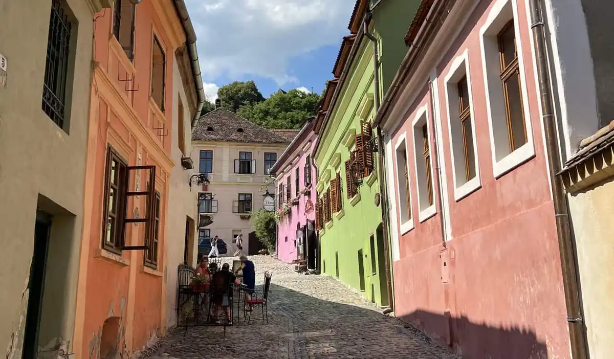 Brightly colored, traditional houses in the Transylvania region of Romania