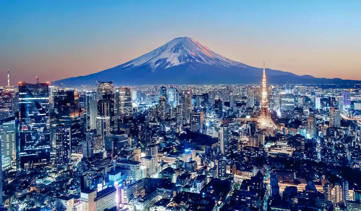A view overlooking Tokyo, Japan at night with Mount Fuji in the background